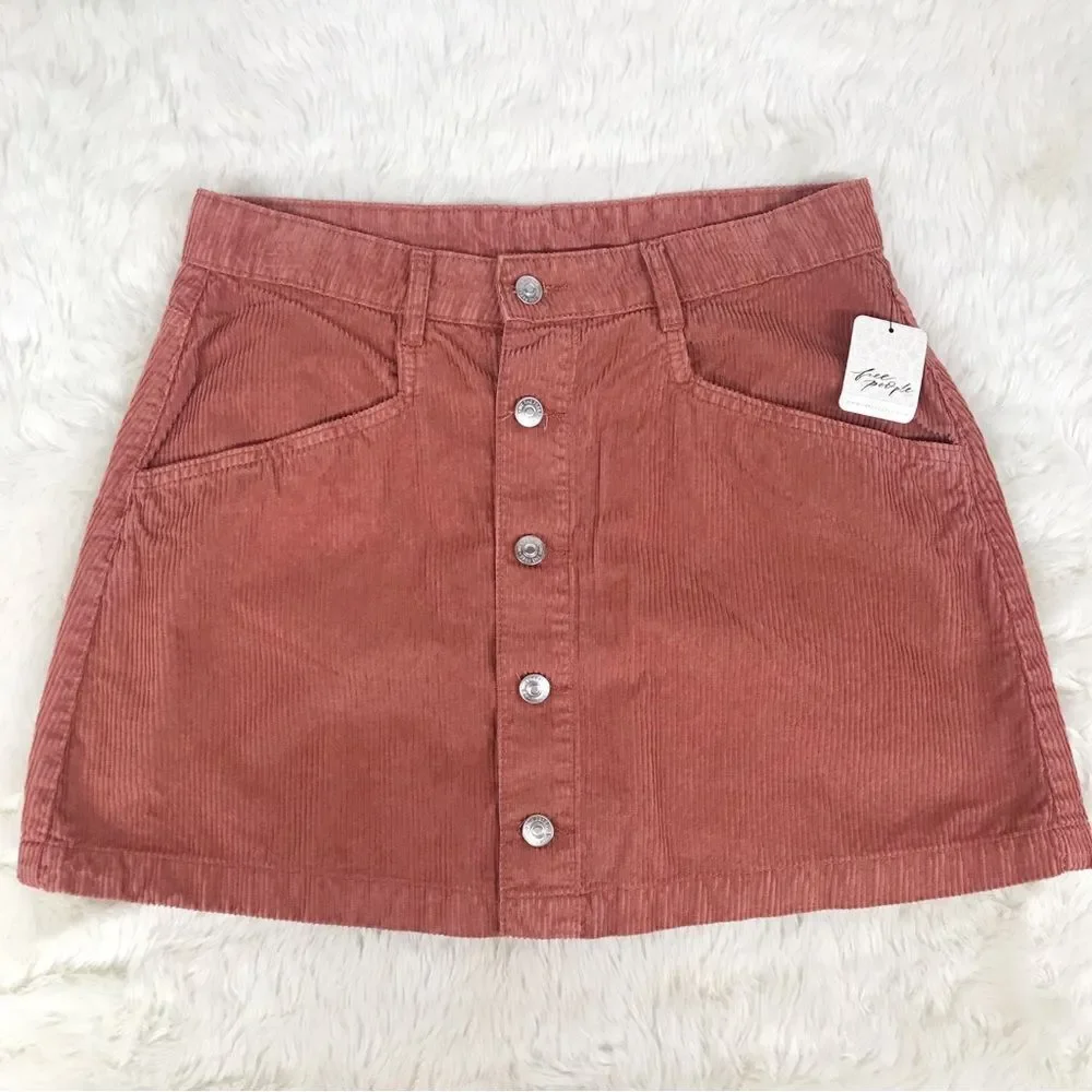 FREE PEOPLE Ray Button Front Corduroy‎ Mini Skirt Rust Pink Fall Size 8 New